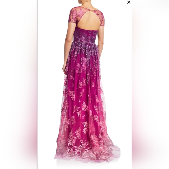 Marchesa Notte Ombre Metallic Embroidered Short Sleeve Illusion Gown Size 14 - Picture 2 of 11